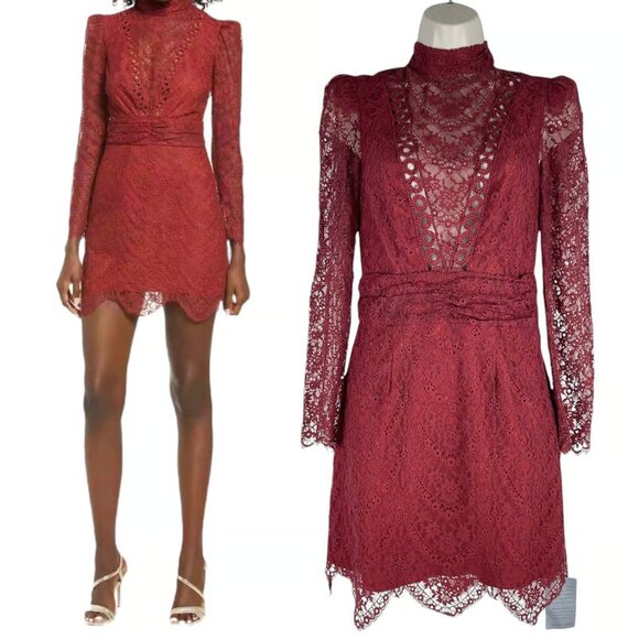 Saylor Celia Russet Red Lace Mock Neck Long Sleeve Cocktail Dress Size L - Picture 1 of 5
